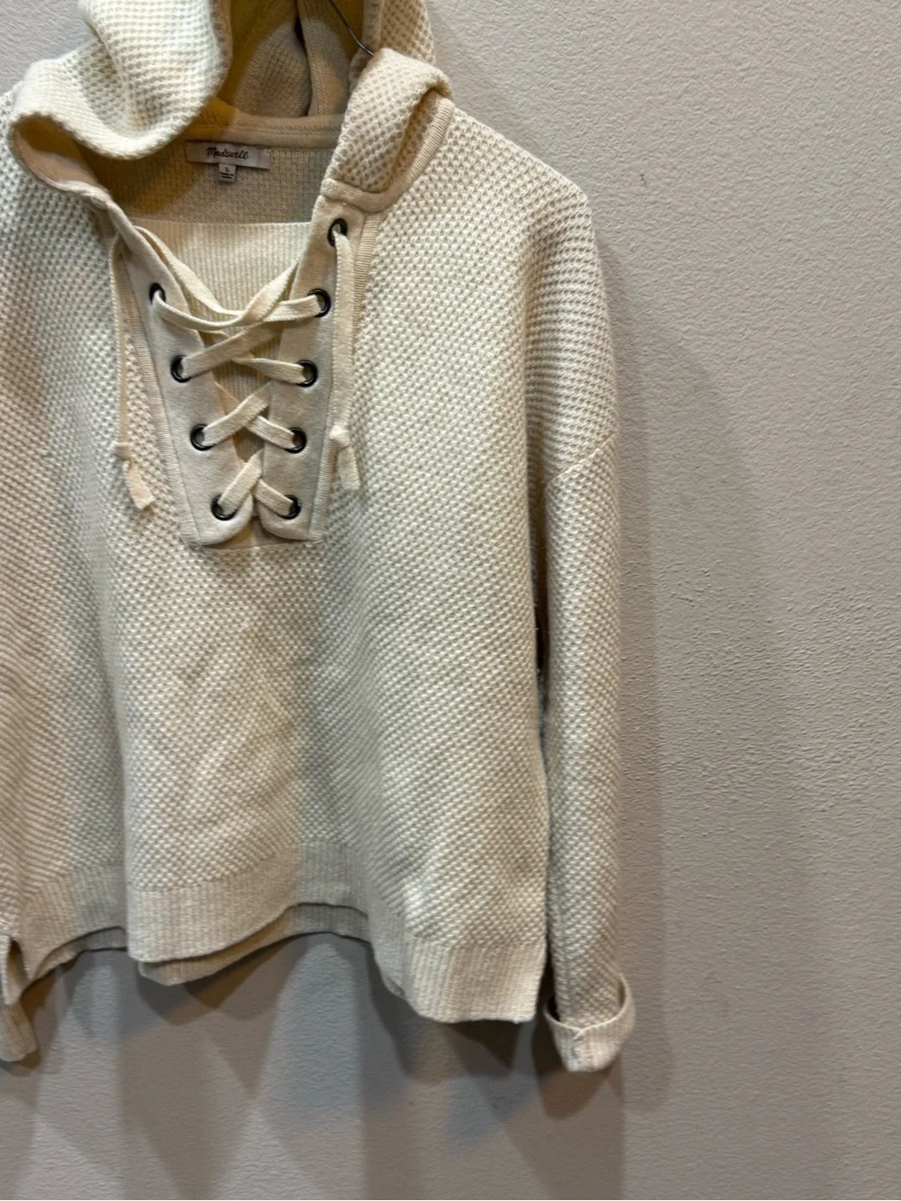 Madewell Jameson 100% Merino Wool Lace Up Waffle Knit Sweater Hoodie Cream - Picture 5 of 9